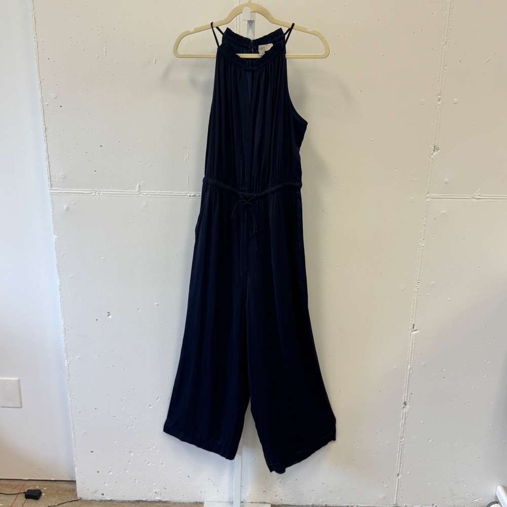 LOFT Satin Sleeveless Halter Neck Wide Leg Jumpsuit Size S 494571 Navy Blue
